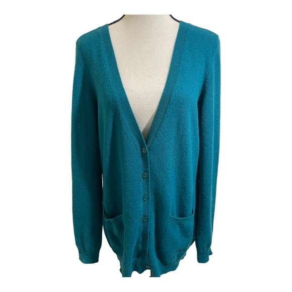 Bloomingdale’s women v-neck button down cardigan cashmere teal size large - Picture 2 of 11